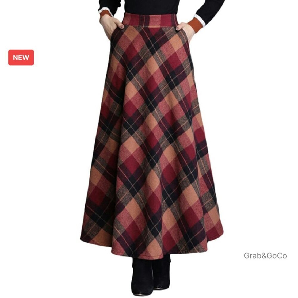 Wool Plaid A-Line Skirt Elegant Vintage Warm Elastic Waist Maxi Winter - Picture 1 of 4